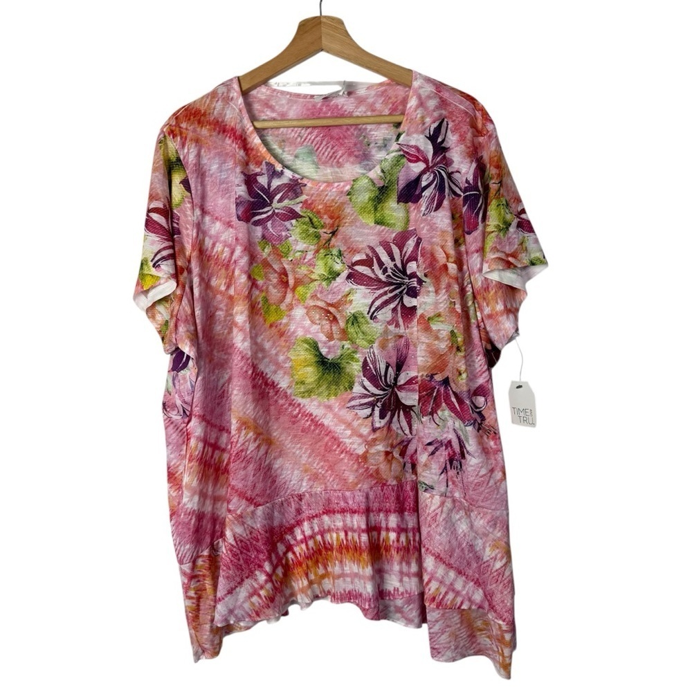 Time and Tru Pink Burnout Floral Printed Short Sleeve Top 3X